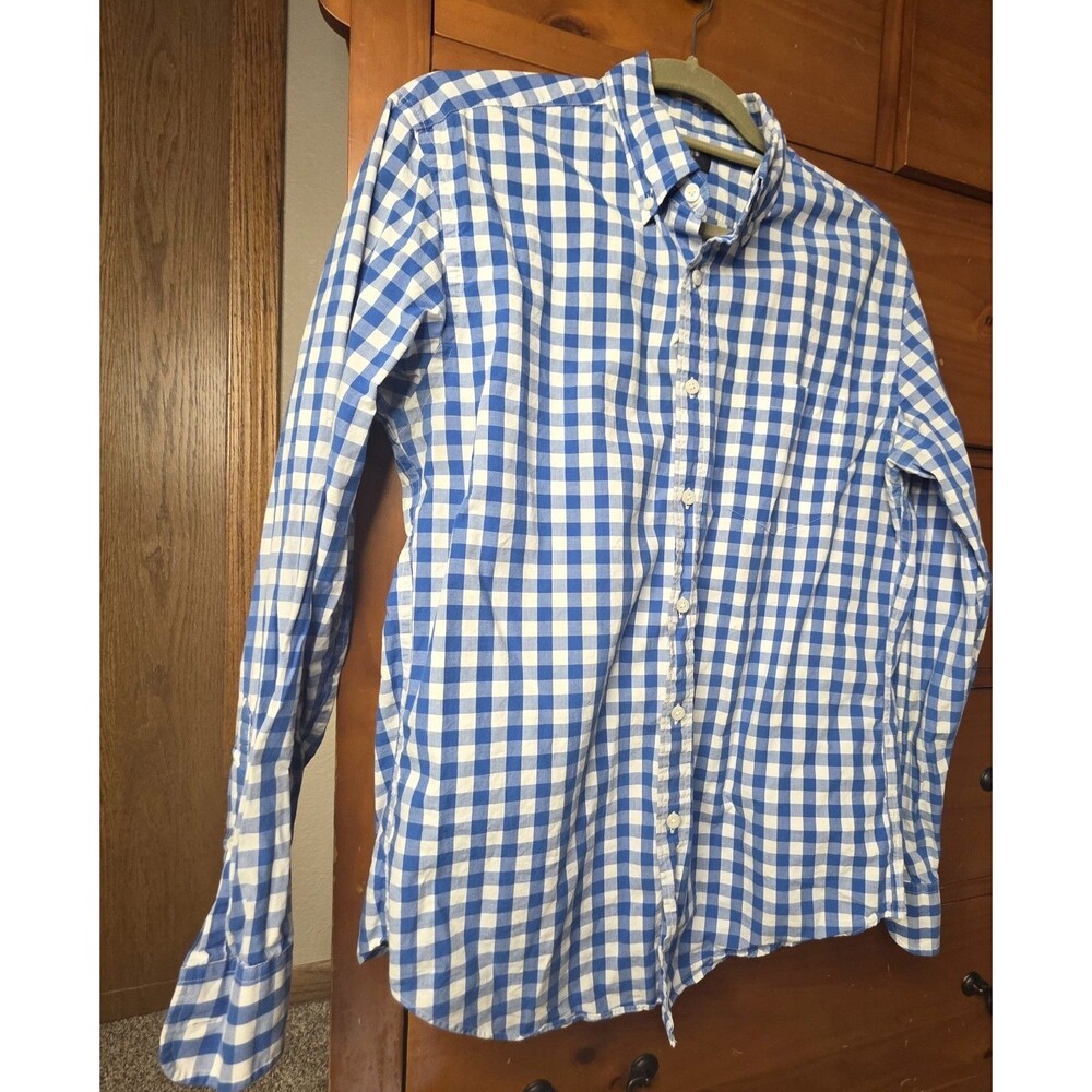 J Crew Factory Size Medium Gingham Check Button Down Classic Blue White Cotton - Picture 2 of 9
